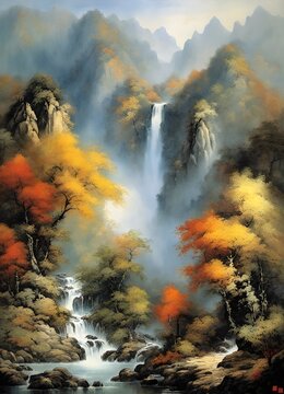 Mountains with waterfall Chinese traditional painting