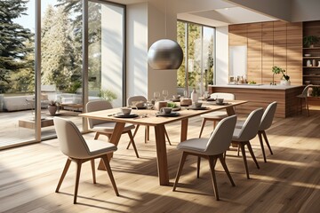 Fototapeta premium The interior of the Radical style dining room with wooden tables with modern luxury chairs offers a natural comfortable atmosphere with warm sunlight.