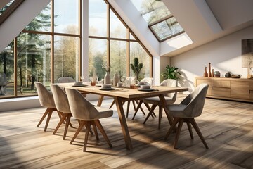 Fototapeta premium The interior of the Radical style dining room with wooden tables with modern luxury chairs offers a natural comfortable atmosphere with warm sunlight.