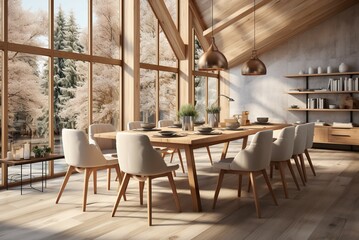The interior of the Radical style dining room with wooden tables with modern luxury chairs offers a natural comfortable atmosphere with warm sunlight.