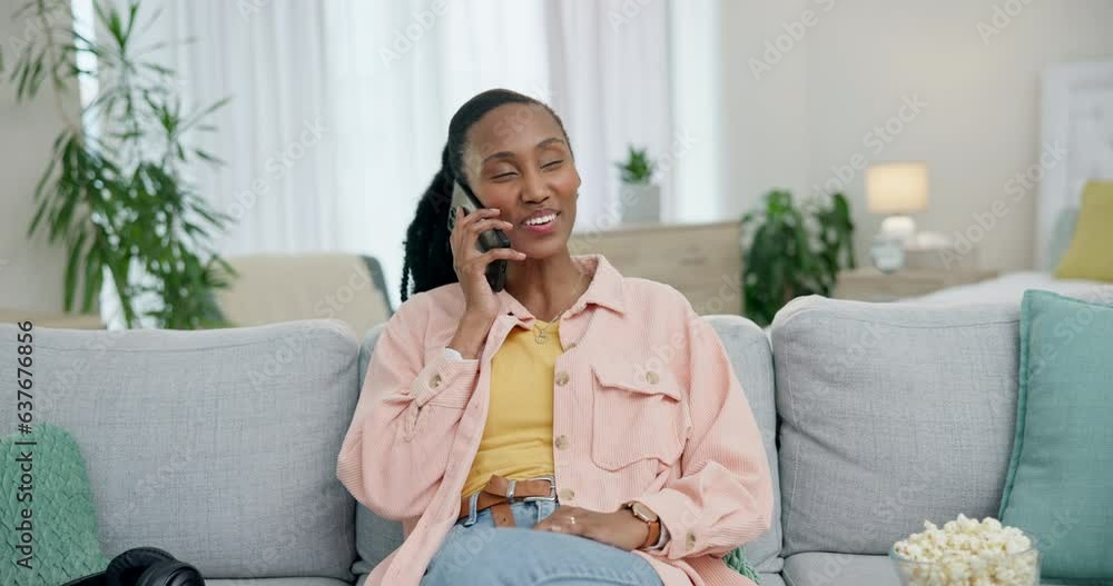 Poster Phone call, smile and a black woman on a sofa in the living room of home for conversation or to relax. Mobile, contact and a happy young person chatting in her modern apartment on the weekend