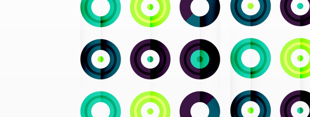 Eye-catching background of colorful circles of equal size arranged in abstract pattern. Circle boasts unique tone or hue, creating rainbow effect. Design has upbeat, contemporary feel