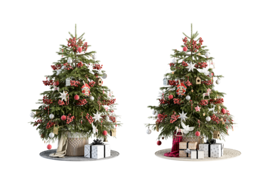 Christmas tree decorated with decorations isolated on white