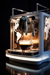 International Coffee Day. espresso machine on the background of the world map.