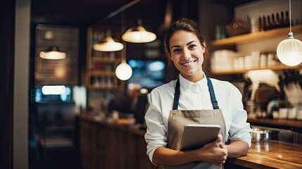 Successful Small Business Owner and Happy Waitress, Restaurant Hospitality and Modern Technology - obrazy, fototapety, plakaty