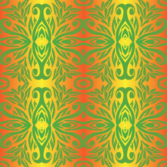 Beautiful rainbow gradient colour seamless flower line art batik ethnic dayak ornament for fashion textile pattern background 