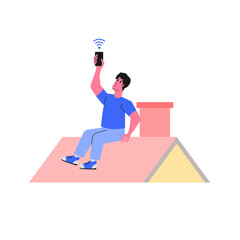 Man on the house tile Roof for search signal concept of disconnect internet empty state illustration