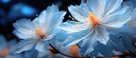 Close up of Blue flowers with drops of water on dark background. Beautiful Macro Photo. Colorful Flowers. Generative AI
