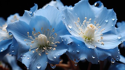 Close up of Blue flowers with drops of water on dark background. Beautiful Macro Photo. Colorful Flowers. Generative AI