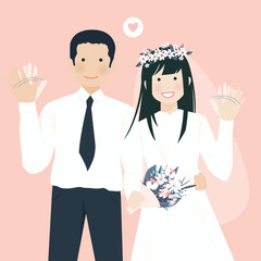 Cute couple wearing warm clothes smiling and waving hand