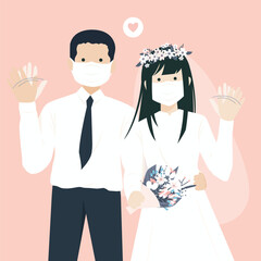 Cute Romantic Wedding Couple Cartoon Character Illustration with formal clothes getting married during pandemic and wearing face mask and waving hand
