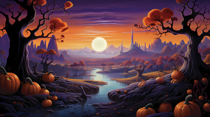 Halloween background with pumpkins and a tree with leaves in gradients,Halloween background with Evil Pumpkin. Spooky scary dark Night forrest. Holiday event halloween banner background concept