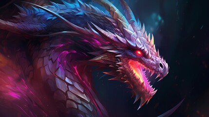 Fantasy Fierce dragon Roars and prepares to attack with wings spread wide.Character Design Concept Art Book Illustration Video Game Digital Painting. CG Artwork Background. Generative AI
