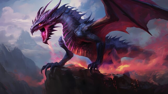 Fantasy Fierce dragon Roars and prepares to attack with wings spread wide.Character Design Concept Art Book Illustration Video Game Digital Painting. CG Artwork Background. Generative AI
