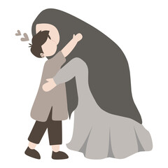 Mother with hijab hug her son. Muslim family portrait vector flat illustration
