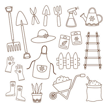 Set of gardening tools doodle line art vector