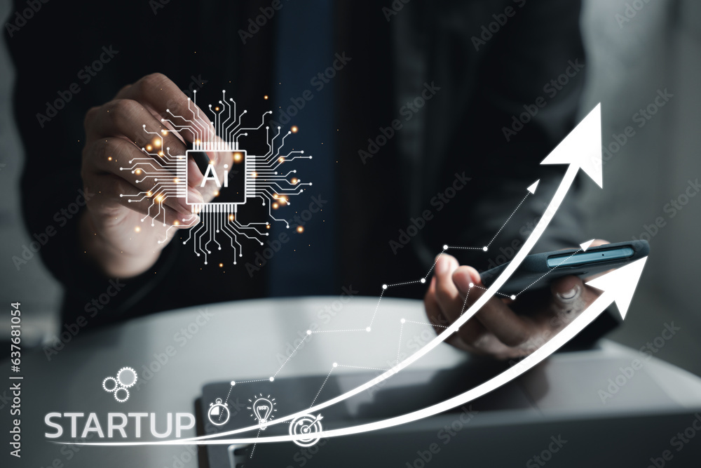 Aufkleber virtual startup interface with network connection and icon business. business growth graph chart on 