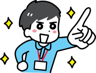 笑顔で指を差す介護士の若い男性(上半身・ポロシャツ)