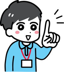 笑顔＆指差しポーズの介護スタッフの若い男性(上半身・ポロシャツ)	