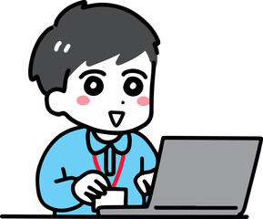 Obraz premium パソコンを使っている介護スタッフの男性(上半身・ポロシャツ)