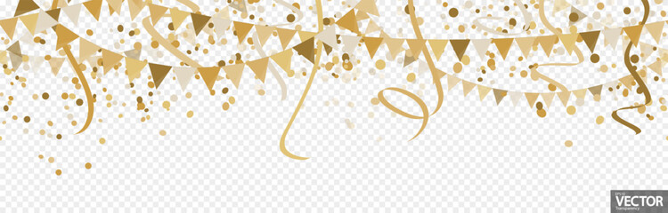seamless golden colored confetti, garlands and streamers party background - obrazy, fototapety, plakaty