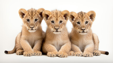 Group of cute lion cubs on a white background