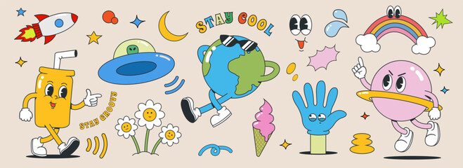 groovy 70s characters and elements. vintage sticker collection, earth, planet, soda, ufo, ice cream, rocket and abstract shape. vector illustration