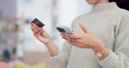 Credit card, smartphone and woman hands for online shopping, e commerce or fintech payment at home. Person typing on mobile app for banking, loan and easy website transaction, debit or subscription - Powered by Adobe