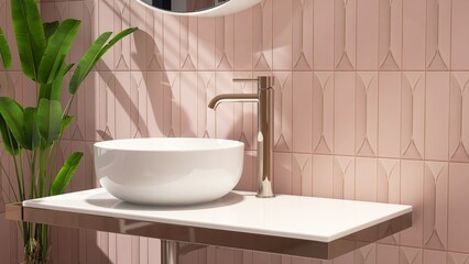 White stone vanity counter, modern bowl washbasin, faucet, tropical banana tree in sunlight, shadow...