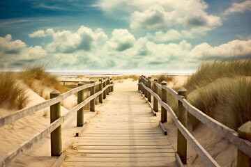 A path to the beach with old wooden fences and sand dunes