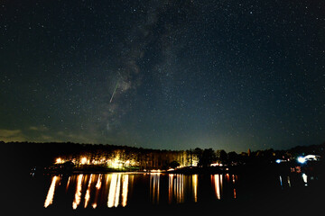 湖畔のキャンプ場と流れ星