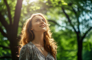 Naklejka premium Young woman in the park in the morning, looking high up