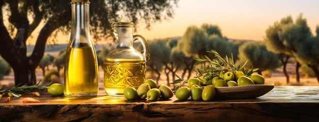 Papier Peint photo Orange A bottle of olive oil and olives on a wooden table near olive trees and a mediterranean landscape as background