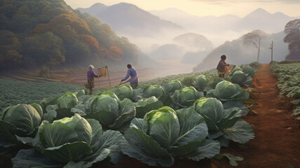 Thai child picking cabbage in the cabbage garden in a long line