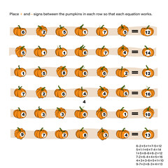 Place a plus or minus between halloween pumpkins in mathematics equals.