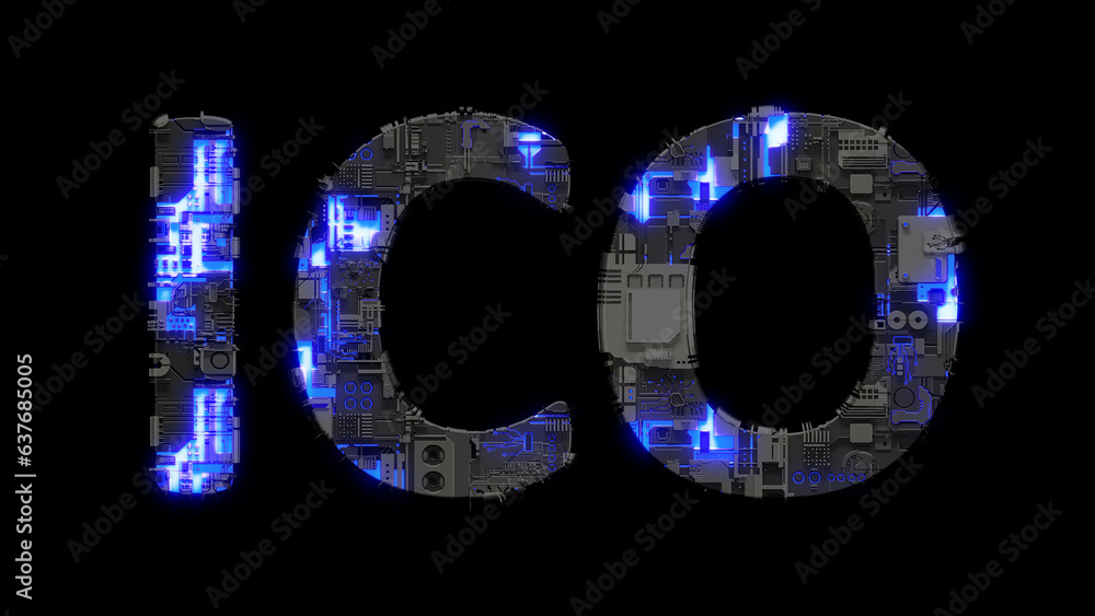 Poster modern cybernetic text ico shining blue electrical light, isolated - object 3d rendering