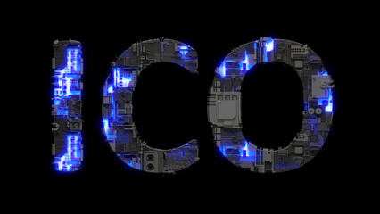 modern cybernetic text ICO shining blue electrical light, isolated - object 3D rendering