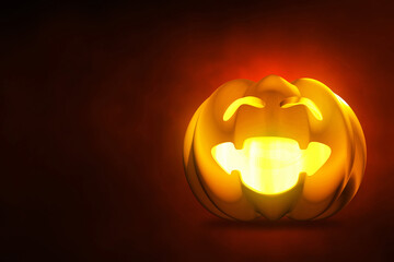 Cartoon funny smile pumpkin with glowing face on red smoke background 3d illustration