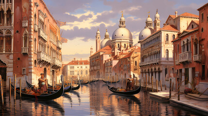 A depiction of Venice's historic buildings along its canals - obrazy, fototapety, plakaty
