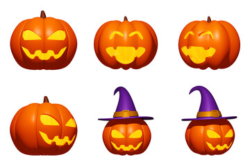 Set of cartoon smile pumpkin with glowing face isolated on white background 3d illustration