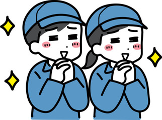 喜んでいる作業服の若い男女(上半身)