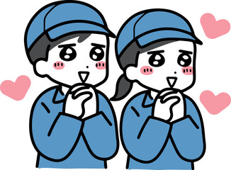 ドキドキしている作業服の若い男女(上半身)