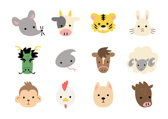 かわいい十二支の顔のイラストセット