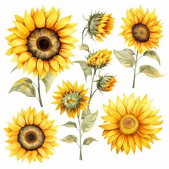 Set of watercolor illustrations of sunflowers. Watercolor floral Botanical Drawing