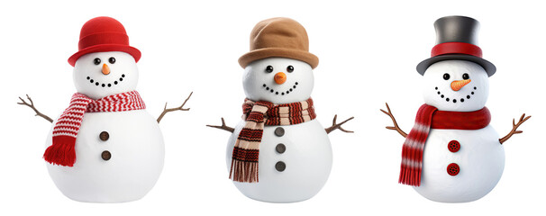 Three snowmen with hats and scarfs isolated on transparent background - obrazy, fototapety, plakaty