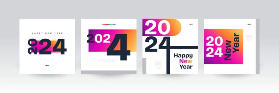 Creative and Colorful 2024 Happy New Year Poster Set. Suitable, for Card, Banner, Poster, Flyer, Cover, and Social Media Post Template