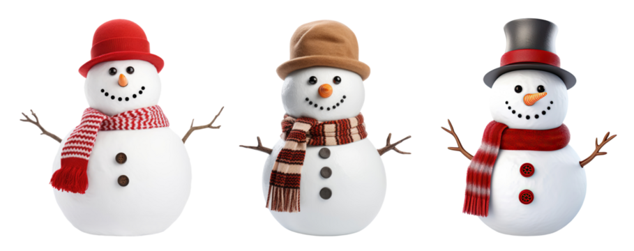 Three snowmen with hats and scarfs isolated on transparent background