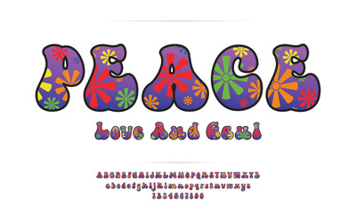"PEACE"  Groovy, HIPPIE style, unique design taste and combine with classic retro style of the 80s, trendy, vintage. Typography typeface uppercase lowercase and number. vector illustration