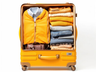 Open yellow suitcase with multicolored clothes isolated on a white background