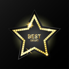 Golden star best award glowing label on dark background. Vector design